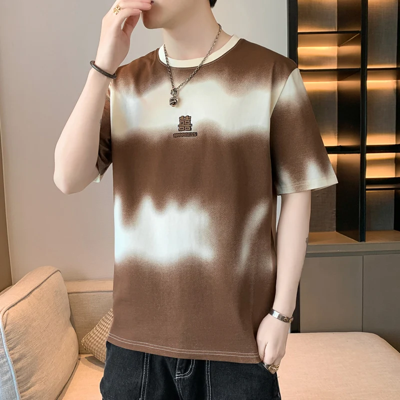 

New 2023 Summer Short-Sleeved Men's Pure Cotton Short-Sleeved T-Shirts Loose Tees Youth Tie-Dye Printed Large Size Tops Clothing