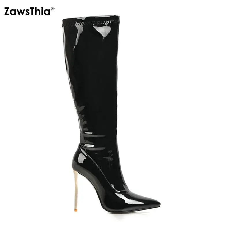 

ZawsThia 2022 patent PU leather 10cm super thin high heels woman stilettos party shoes red white black knee-high stretch boots