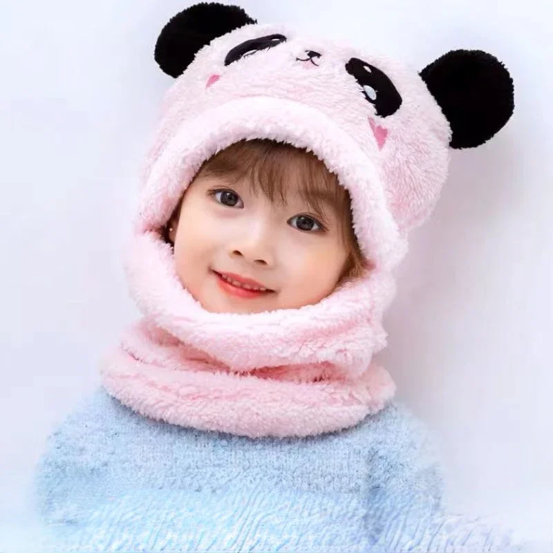 Cartoon Hat for Girls Boys Scarf Thicken Cap Winter Hat for Kids Newborn Baby Stuff Children Hat Plus Fleece Kids Caps 1-12Years