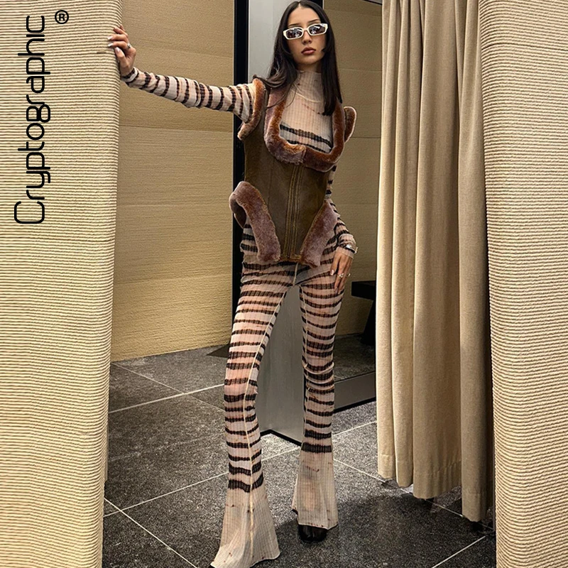 

Cryptographic Fashion See Through Striped Jumpsuits Outfits for Women Autumn High Thin Neck Unitards Romper Overalls Flare Pants