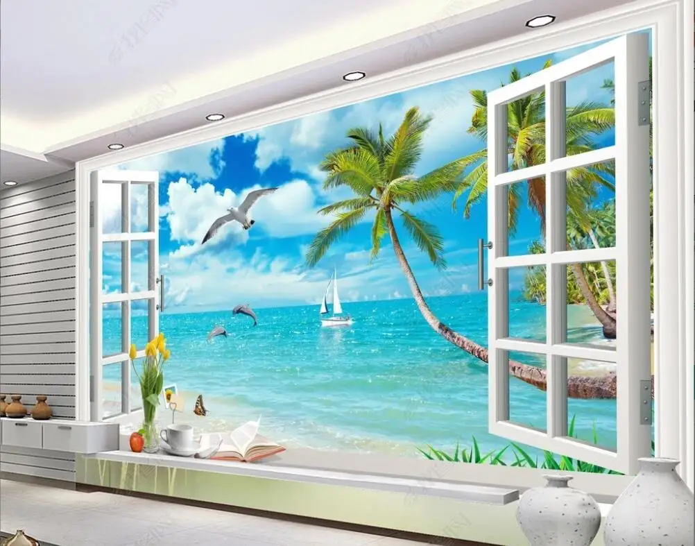 

custom mural 3d photo Wallpapers window scenery palm tree seascape hawaii home decor wallpaper for walls 3d living room