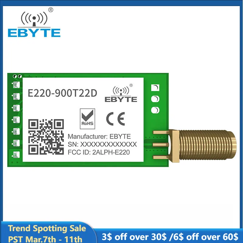 LoRa LLCC68 868MHz 915MHz Wireless Module 22dBm Long Range 5km EBYTE E220-900T22D SMA-K UART RSSI Transmitter Receiver DIP | Электронные