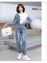  Denim Suit Women's Spring Autumn New Casual Fashion Zipper Hooded Jacket + Overalls Two-Piece Set 