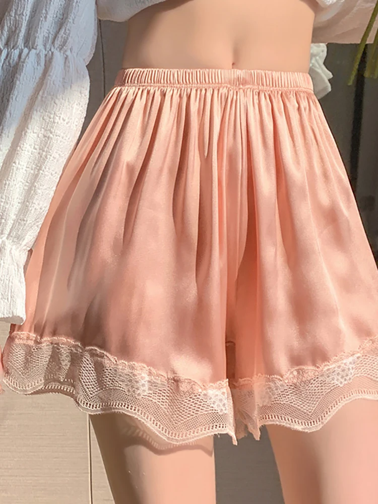 

EVNISI Women Pink Girls Cute Satin Shorts Slim A-line High Waist Mini Underwear Laced Up Skorts Women Harajuku Preppy