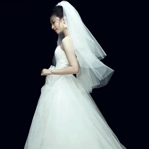 Short Two-Layer Puffy Wedding Velo De Novia White Ivory Tulle Bride Veil Cut Edge Voile Mariage Welon Accessories bridal veil