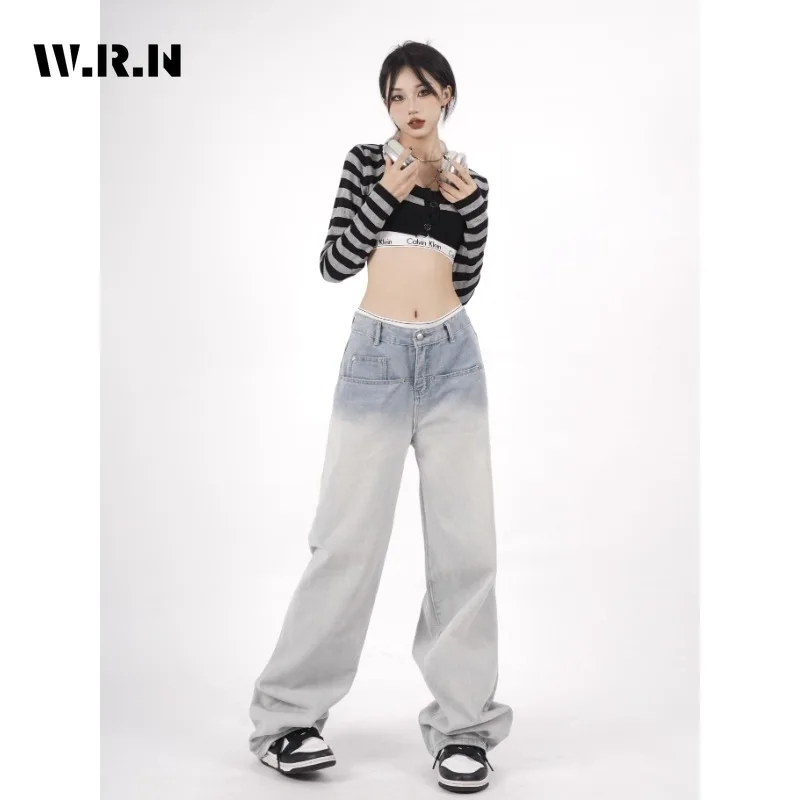 

Женские джинсы с высокой талией, повседневные Прямые градиентные джинсы в американском стиле ретро, Осень-зима 2023, корейские Модные Винтажные мешковатые брюки, Новинка