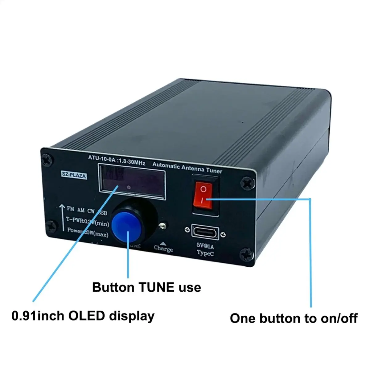 A73T ATU-10-0A 단파 자동 안테나 튜너 20W 1.8-30MHz 단파 전력계(타입-C 케이블 포함) 신호 수신 부품