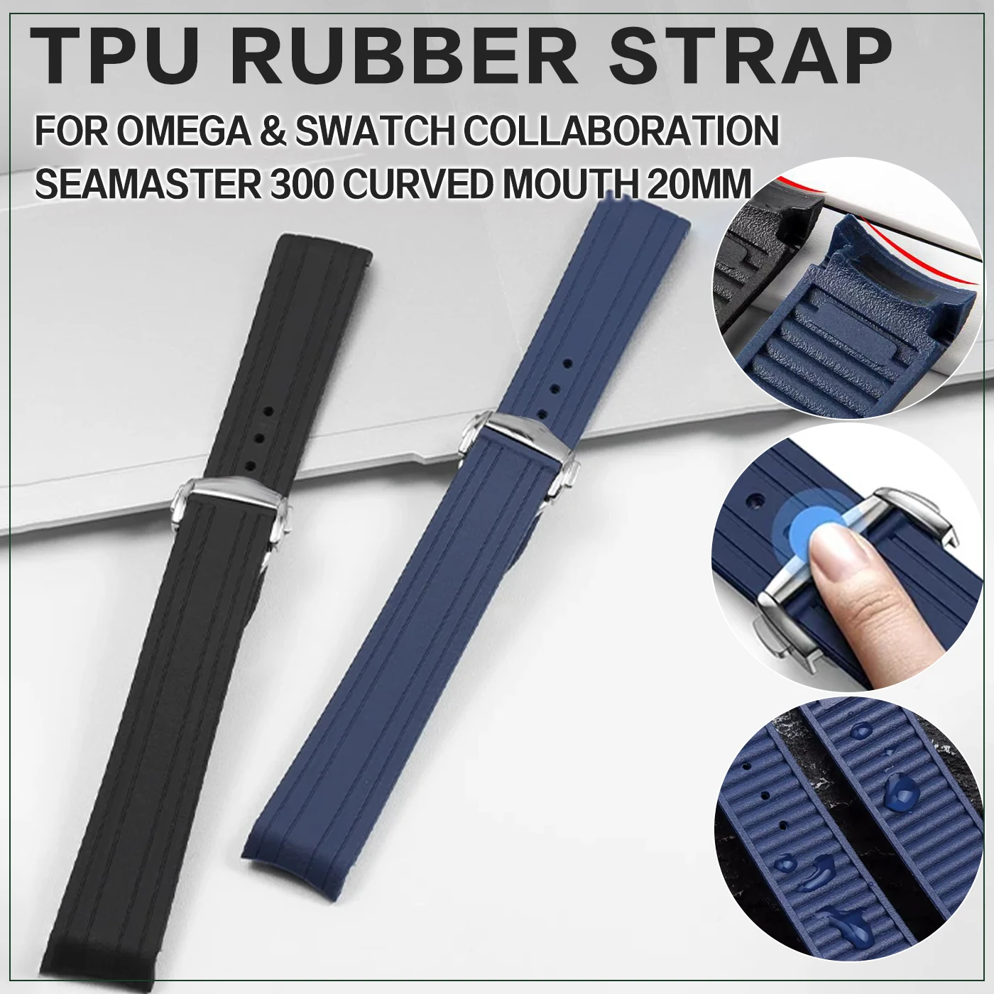 Water-Resistant TPU Rubber Silicone Watch Strap, 20mm, with Curved Interface