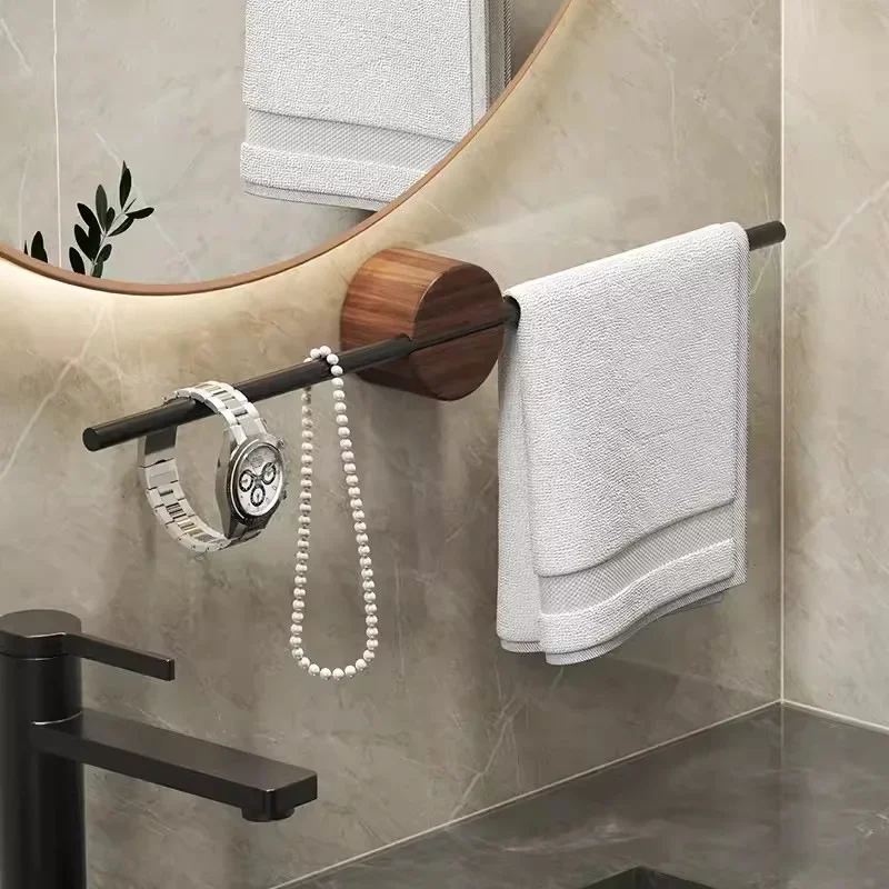 Wood Towel Rack shelves Hanger Bath Towel Holder Wall Hanging Towel Bar Space Aluminum Bathroom Shelf Kitchen Storage Rack 3