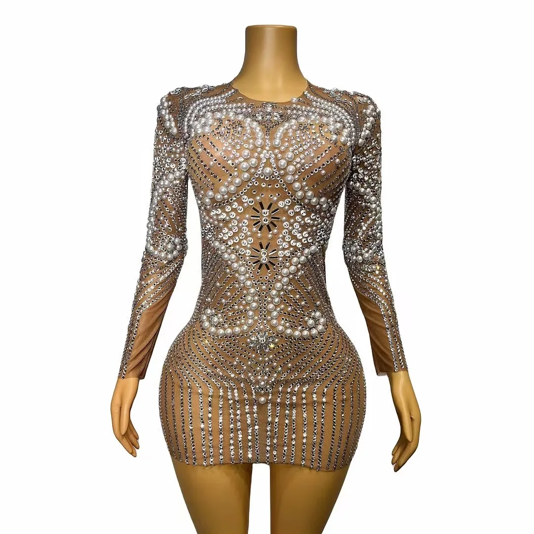 

Shiny Pearl Rhinestone Short Dress WomenSexy Mesh See through Birthday Party StageDance Costume Drag Queen PerformanceOutfits