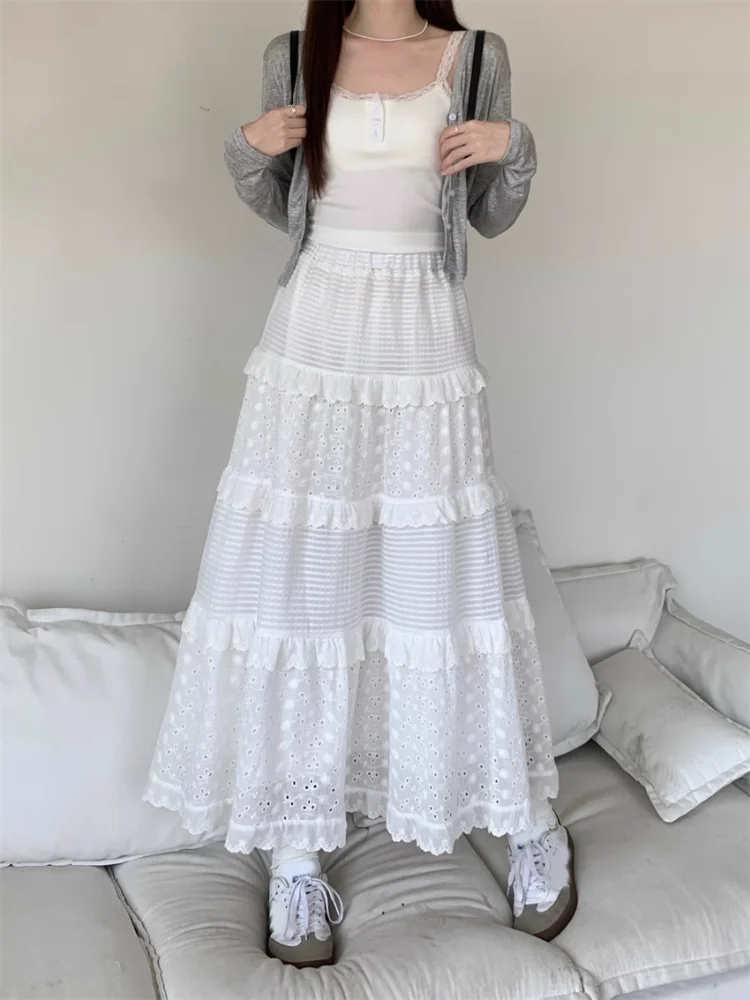 スカート girly lace frill long skirt (white) Women's Y2K Boho Ruffle Lace White Maxi Skirt Tiered Long