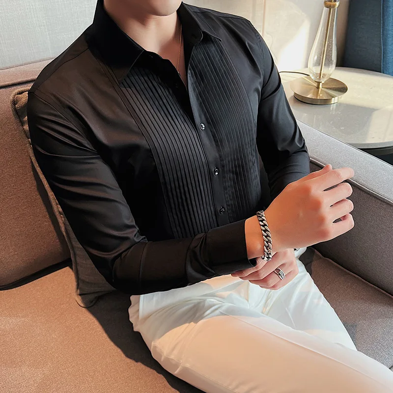 

Men's High-quality Long Design Solid Pleated Sleeve Groom Wedding Slim-fit Color Formal Shirts Dress Business Social