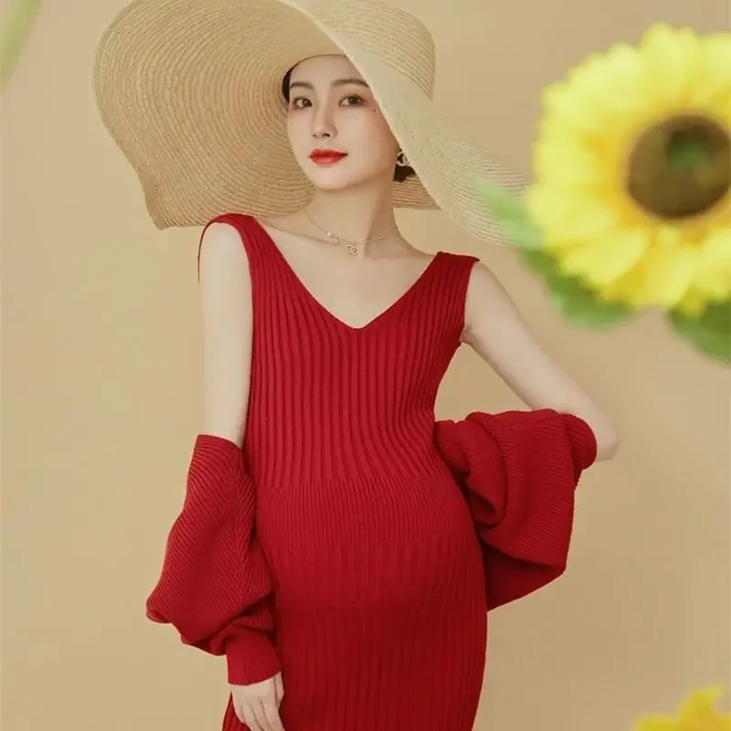 Autumn Fashion Maternity Dresses Photoshoot with Cape Batwing Sleeve Knitting Cardigans V-Neck Backless Dress Twinset Suits