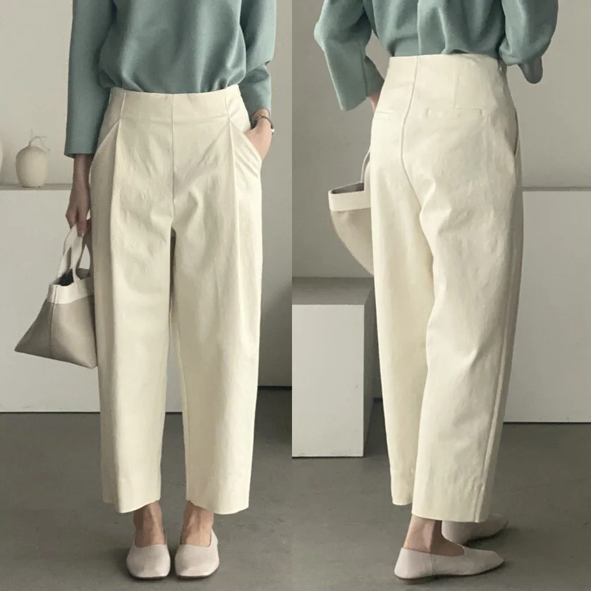 Comfortable Cotton Pants Women Spring Fall Fashion Cropped Design Invisible Zipper at Side Korean Modern Lady Trousers 2023