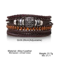 4Pcs/ Set Braided Wrap Leather Bracelets for Men Vintage Life Tree Rudder Charm Wood Beads Ethnic Tribal Wristband Rope Bracelet 3
