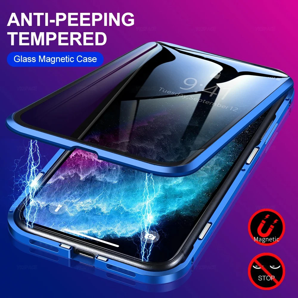 

Privacy Anti-Spy Tempered Glass Magnetic Metal Case for iPhone 11 12 13 14 15 Pro Max Plus 360 Protective Magnet Cover