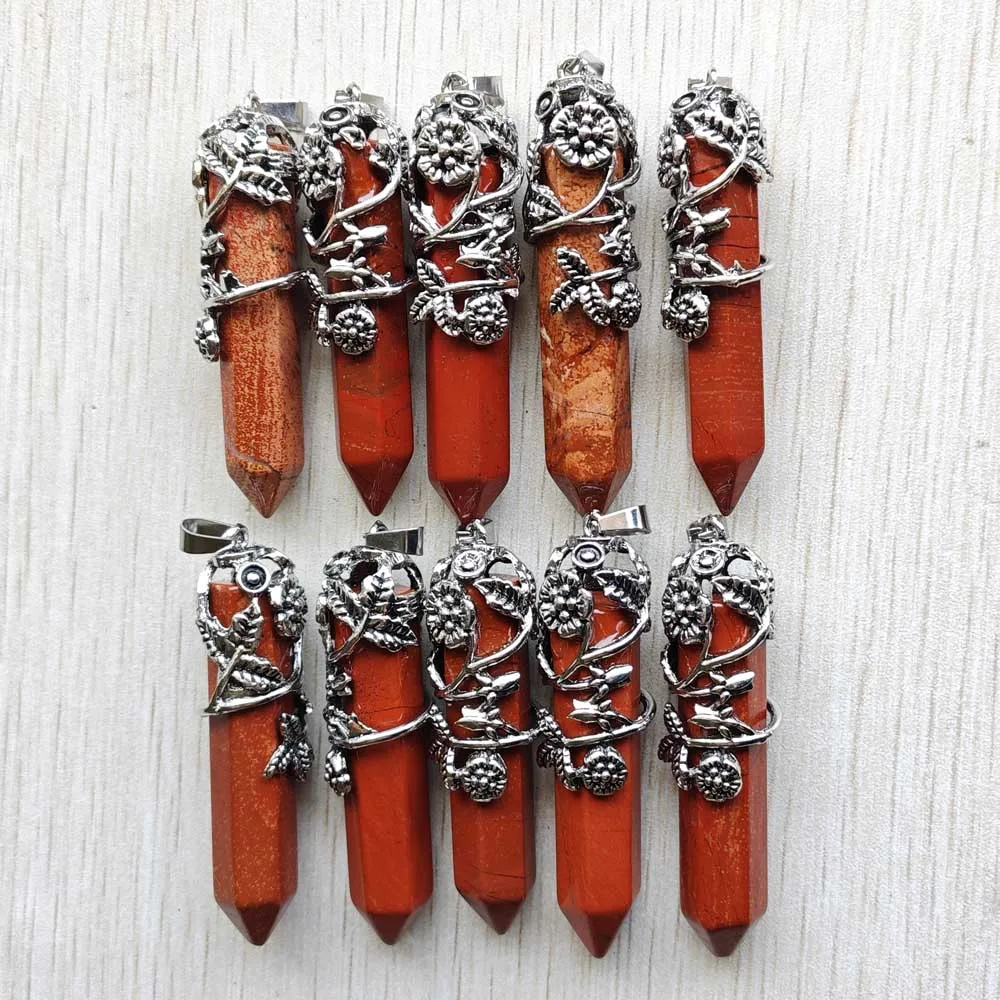 

Antique Silver color Flower Wrapped Natural red stone Healing Hexagonal Pendants for necklaces jewelry making Wholesale 10pcs