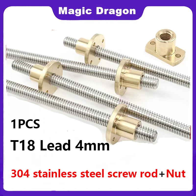 Trapezoidal Haste Parafuso Rosca com Porca de Latão Impressora 3d Peças Cnc 18 mm Chumbo mm l = 100 1000 mm T18 1pc Aço Inoxidável 304