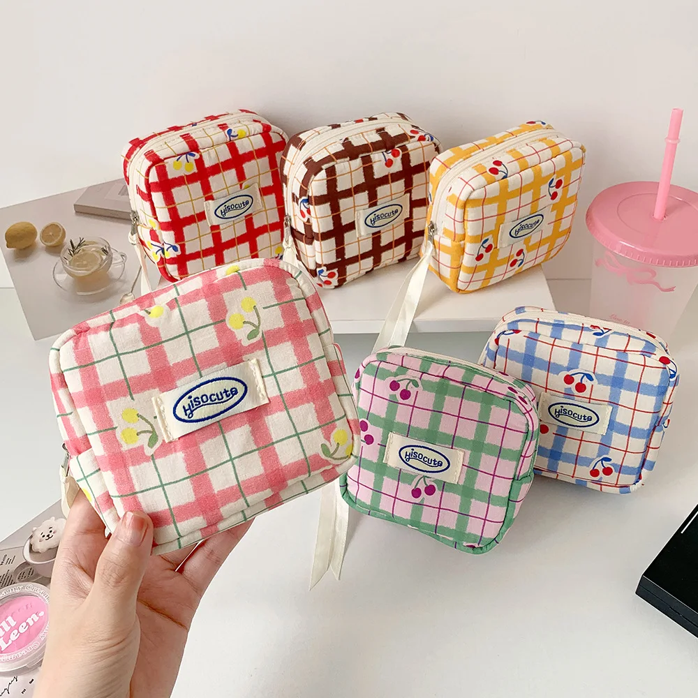 Frauen Make-Up Taschen Japanische Kirsche Plaid Dopamin Süße Kawaii Nette Kosmetik Taschen Tragbare Multifunktionale Lagerung Tasche Für Mädchen – Detail 2