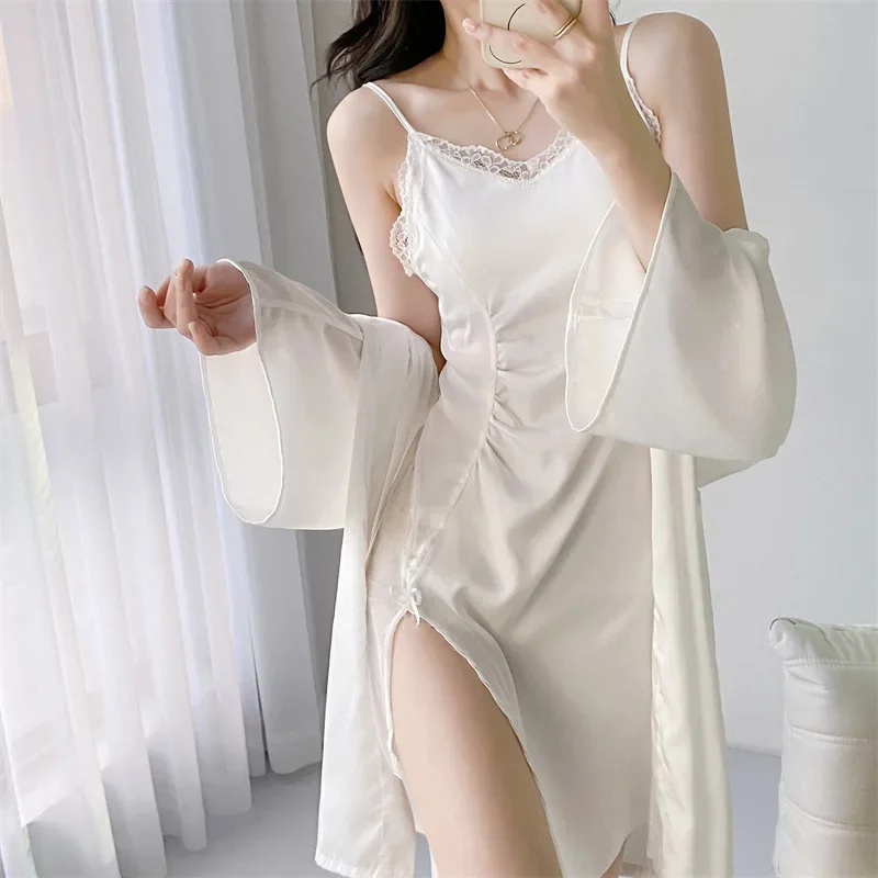 

Nightgown Sleepwear Sexy Patchwork Lace Nightdress Bathrobe Gown Women Wedding Nighty&Robe Set Summer Satin Home Wear LoungeWear