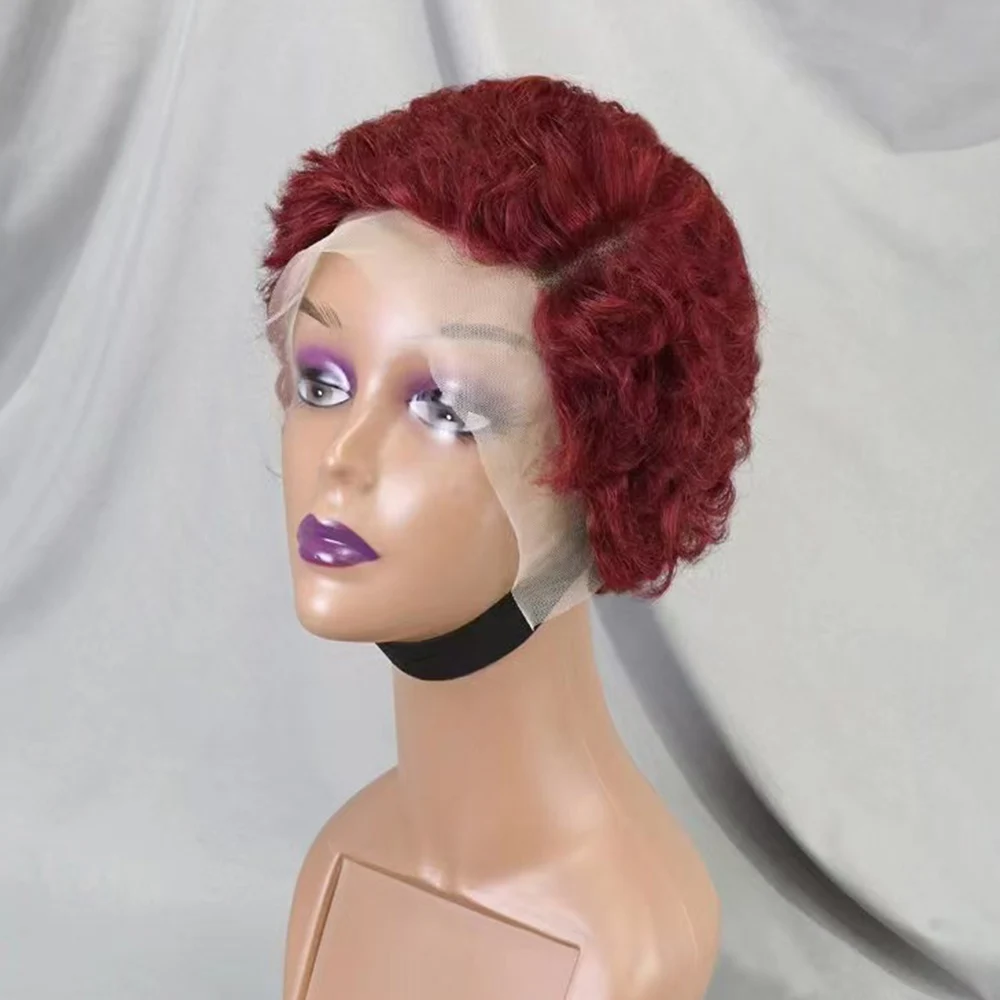 13x4 Lace Frontal Short Pixie Cut Curly Wave 99J Color Human Hair Wigs 180% Density Human Hair Wig for Black Women
