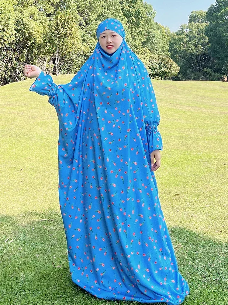 Ramadan Floral Print Hoody Abaya Muslim Prayer Dress Long Khimar Hijab Full Cover Abayas for Women Dubai Islam Kaftan Robe Niqab