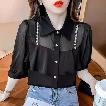 달콤한 옷깃 구슬 장식 단추 시폰 블라우스 여름 플러스 사이즈 느슨한 캐주얼 여성 의류 탑스 짧은 소매 통근 셔츠