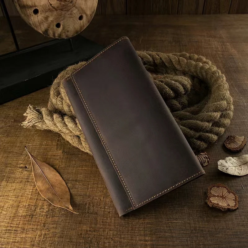 

Handmade Vintage Crazy Horse Leather Long Wallet Genuine Leather Cards Holder Large Capacity Billfold Men's Money Purse Coin Bag