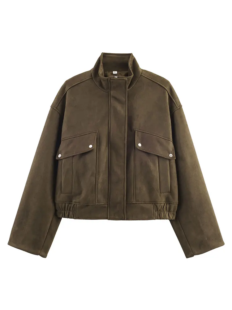 HH Women Fashion Suede Coat Vintage Solid Turtleneck Long Sleeve Zipper Bomber Jacket With Pockets Fashion High Street Outwear