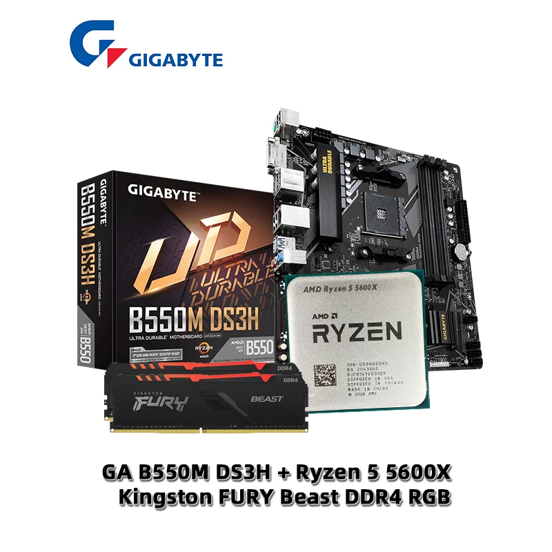 AMD Ryzen 5 R5 5600X CPU + GA B550M DS3H Motherboard + Kingston FURY Beast DDR4 16G (8G*2) 3200