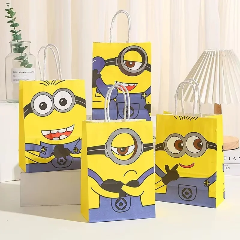 12/24pcs Despicable Me 4 Minions Birthday Theme Portable Paper Bag Cute Color Square Bottom Gift Packaging Bag Gift Storage paper gift bags