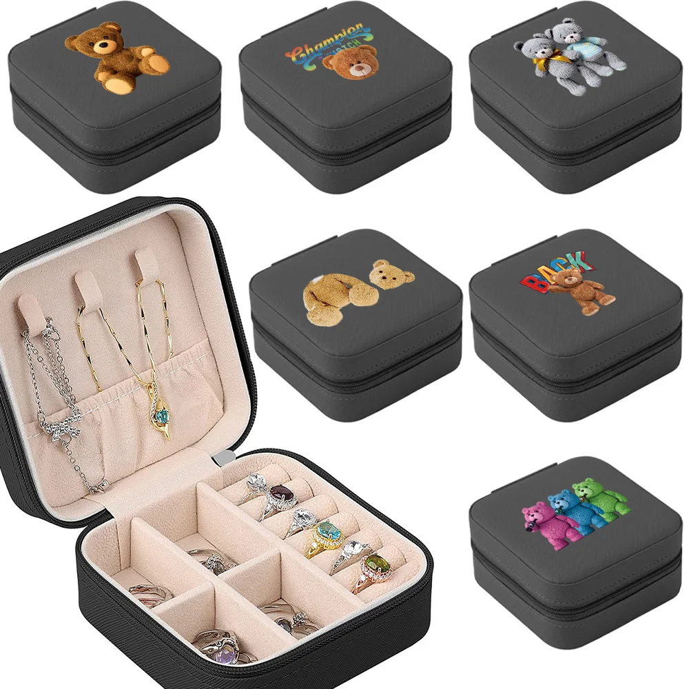 

Travel Double Jewelry Storage Box Ring Earrings Organization Small Bear Pattern Print Zipper Bag Large Flap Leather Double Box