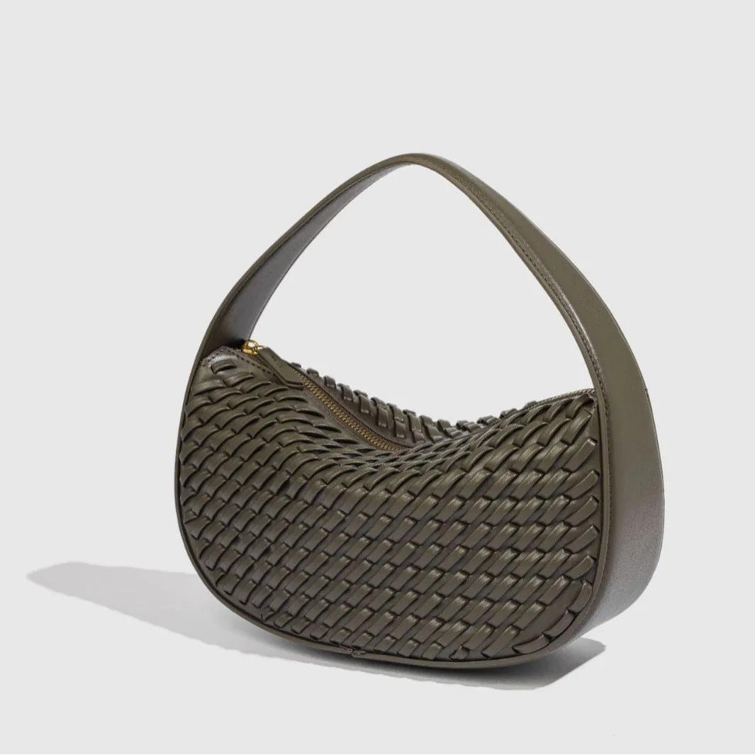 Fashionable Women's Tote Bag weave Moon Shape Underarm Casual Shoulder Crossbody Bag Soft Polyester Lining Vintage Style