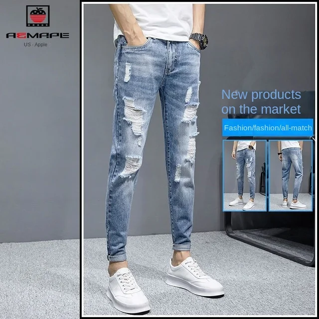 New Fashion Stylish Cowboy Men's Slim Casual Jeans with Ripped Distressed Holes Summer Streetwear Denim Broken Hole Pants Male 2