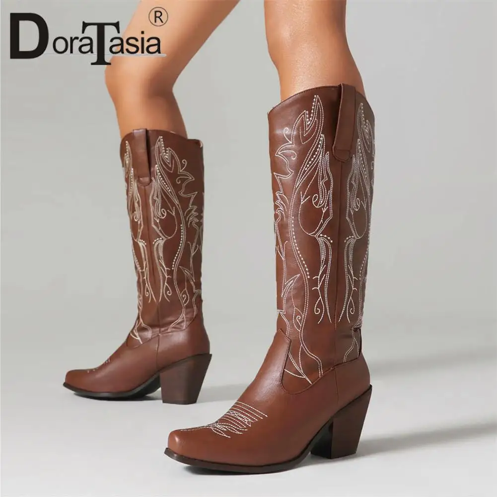 

Big Size 43 New Ladies Chunky High Heels Mid-Calf Cowgirl Boots Fashion Embroider women's Cowboy Boots Vintage Shoes Woman
