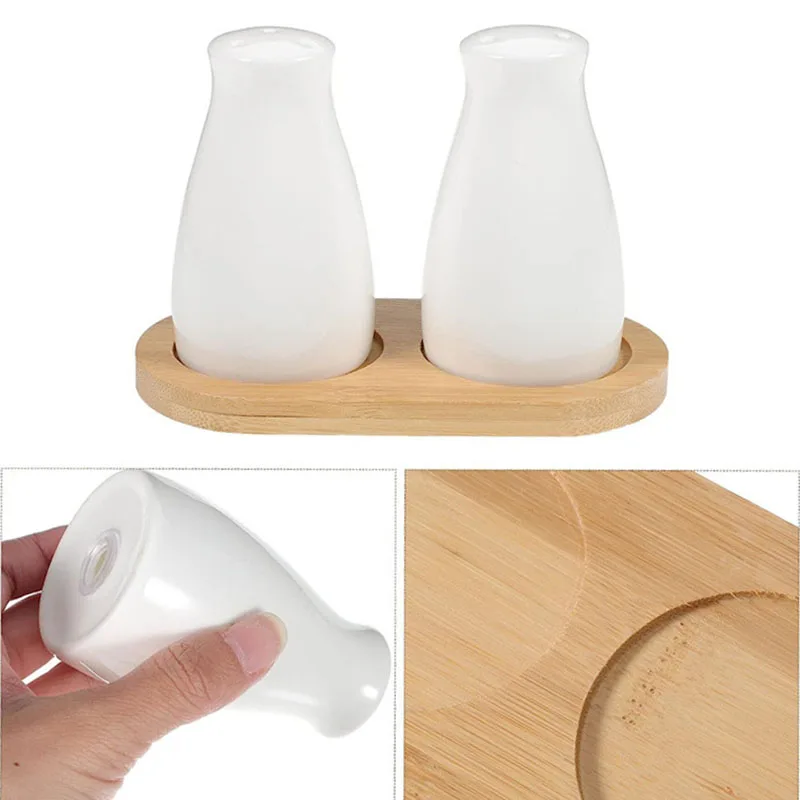 Ceramic Salt and Pepper Shakers Set with Bamboo Tray,2 PCS Modern White Salt & Pepper Shakers,for Farmhouse Kitchen Table Décor