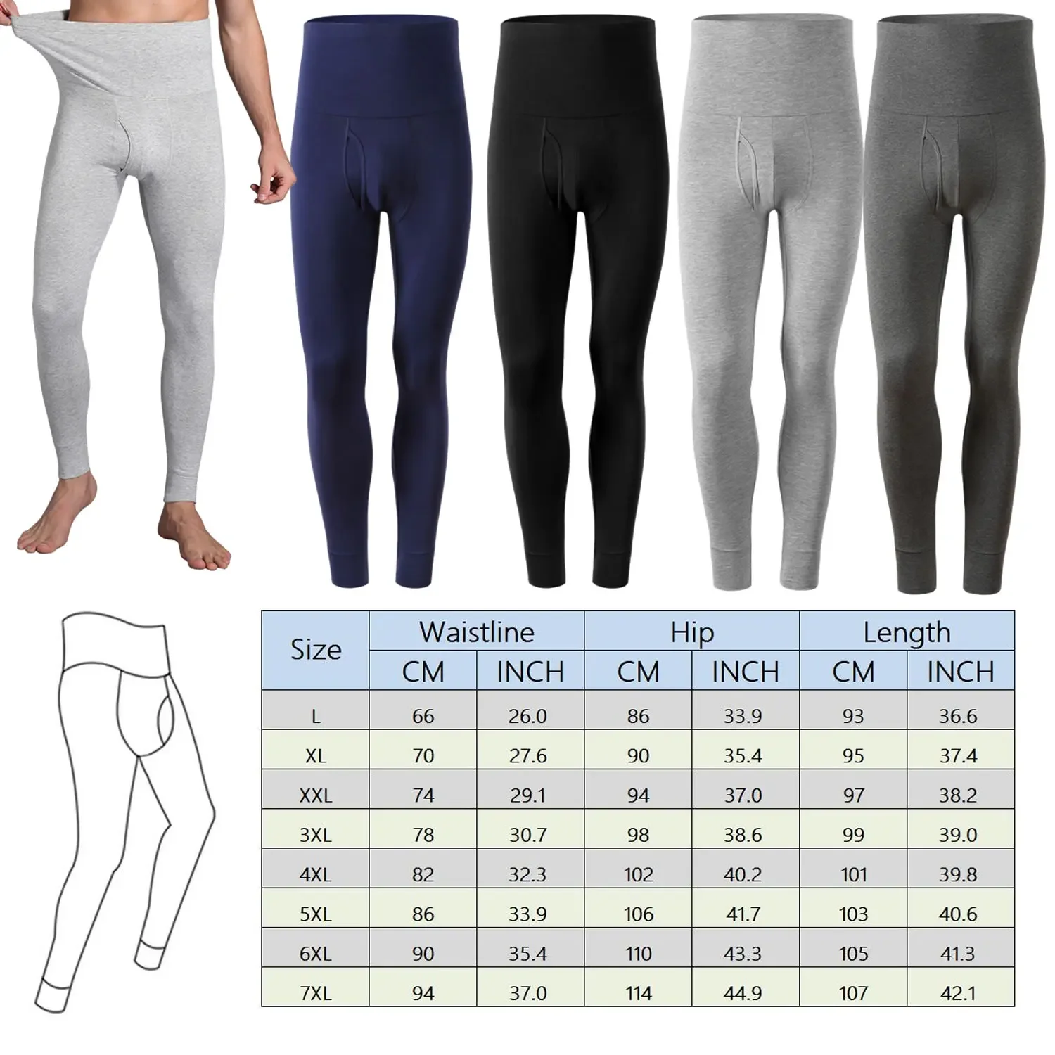 Mens Long Johns Thermal Underwear Cotton Legging Underpant Gray Black Deep Gray High Waist Plus Size 6XL 7XL Long Johns Leggings