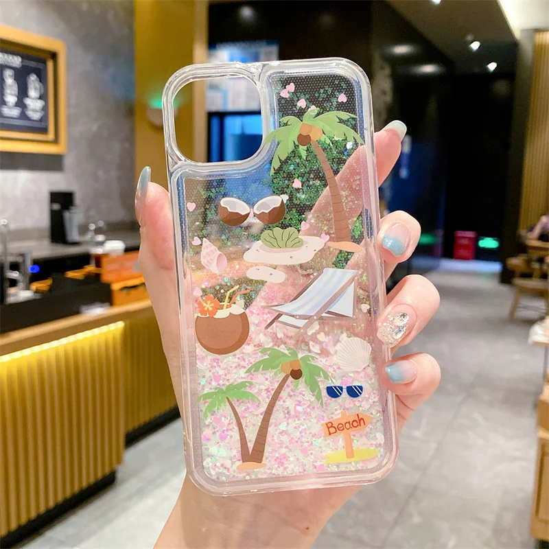 Fancy Summer Vacation Coconut Phone Case Per Iphone14 13 12 11 Xsmax Xr 78Plus 6S Se2 Quicksand Soft Cover Shell Protezione Del Corpo