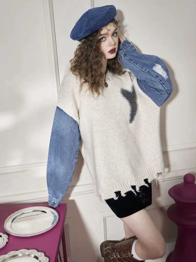 

2023 Autumn Winter New Design Women Sweaters Long Sleeve Denim Stitching Knit Pullover Japanese Sweet Jumpers