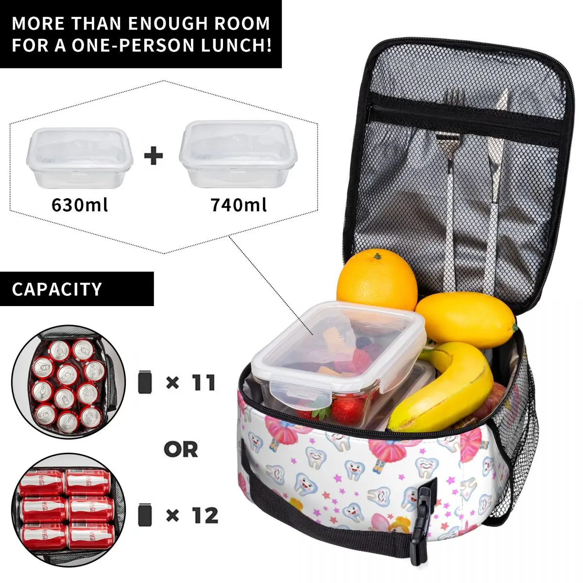 Tooth Fairy Dentist Cartoon Thermal Insulated Lunch Bag Happy Teeth Magic Stars White Pattern Lunch Container Storage Food Box