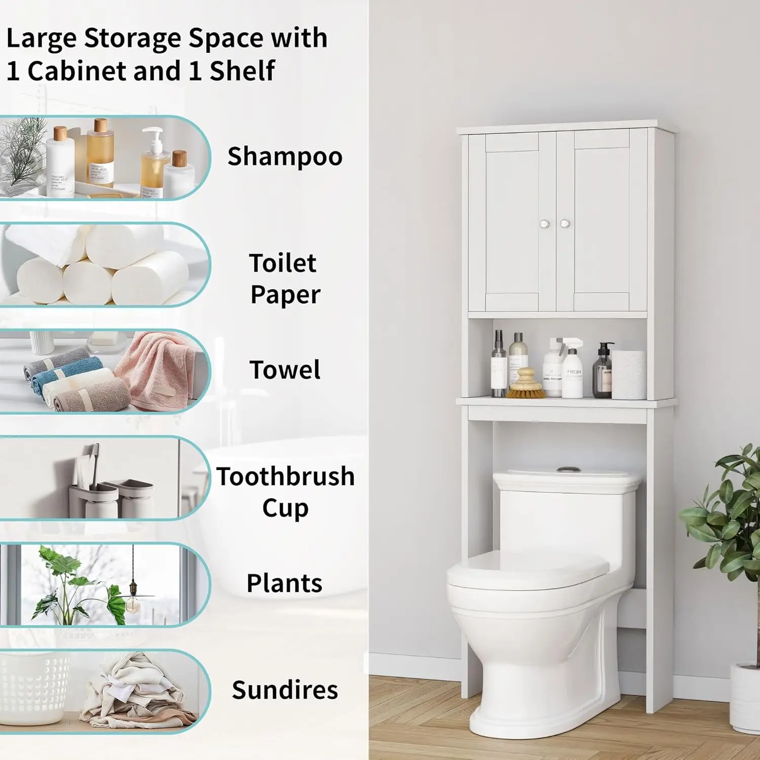 Over The Toilet Storage Cabinet, Bathroom Shelf Organizer with Anti-Tip Device Small Freestanding Space Saver 3