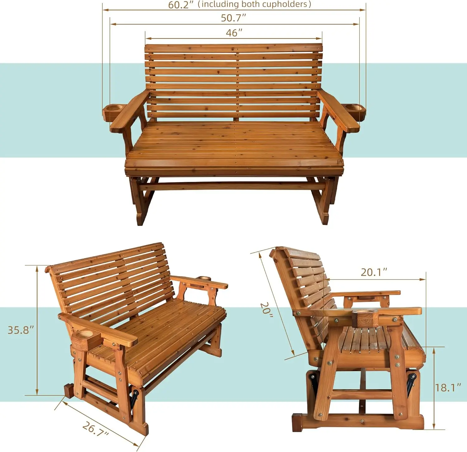 Patio Glider with Cup Holders, High Roll Back and Deep Contoured Seat,Heavy Duty 800 Lb (Cedar Tone, 2-Seater)  furniture 2