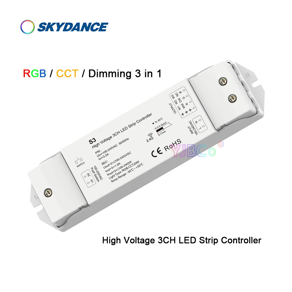 S3 RGB/CCT/Dimming 3 in 1 High Voltage 3CH LED Controller 110V-220V AC RF 2.4G Push Dim dual color single color LED Strip Dimmer 110v 220v rgb cct dimming 3 in 1 high voltage led controller s3 3ch dual color single color led strip rf 2 4g push dim dimmer
