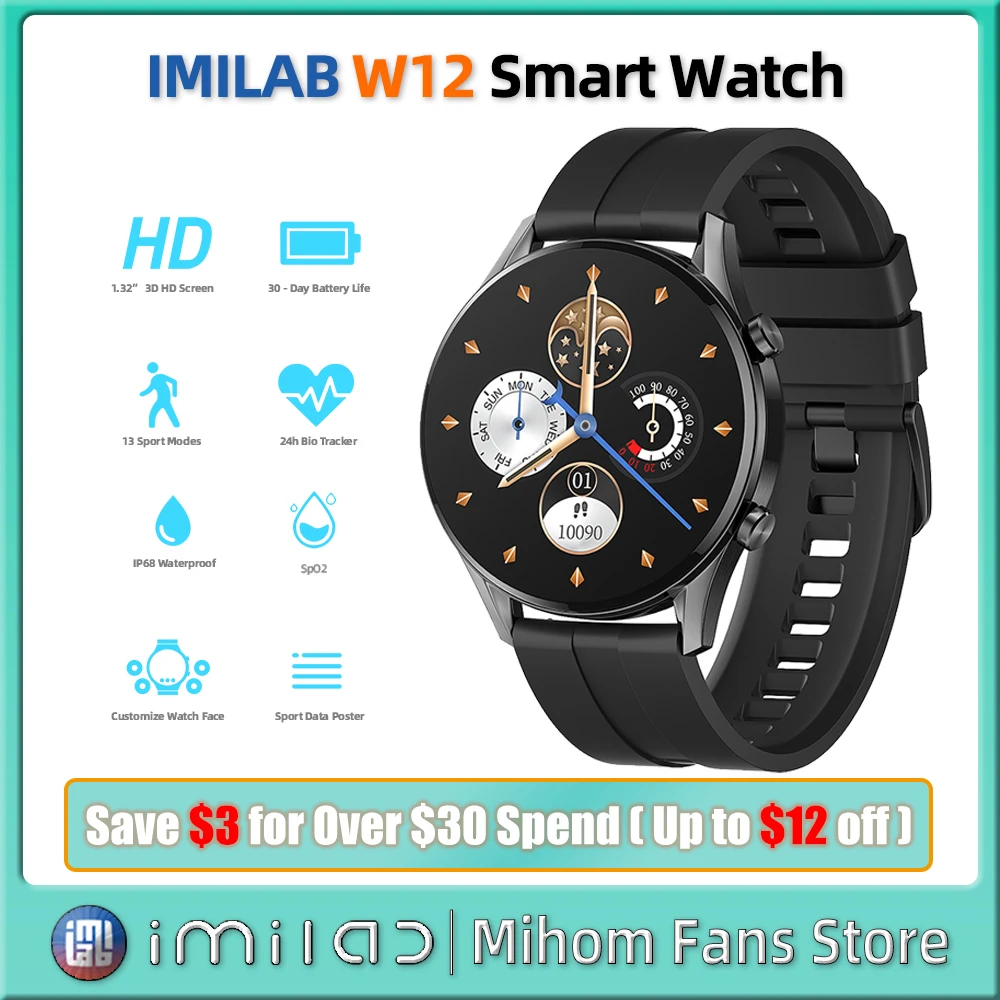 Smart Watch Imilab W12 Bluetooth Smartwatch Men 24H Bio Fitness Tracker Sport Data Poster Frequenza Cardiaca Spo2 Sleep Monitor Orologi