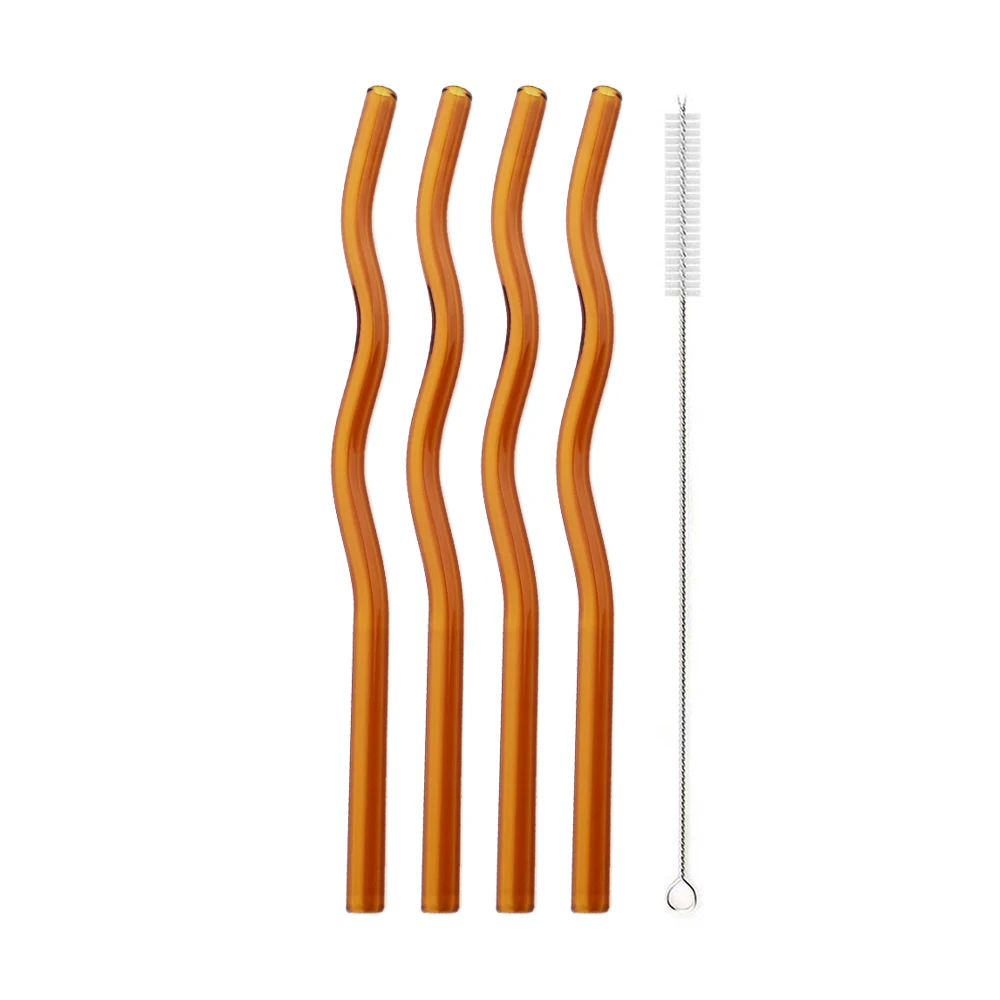 Eco-Friendly Colorful Wavy Reusable Glass Drinking Straws Set - 5 Piece Collection