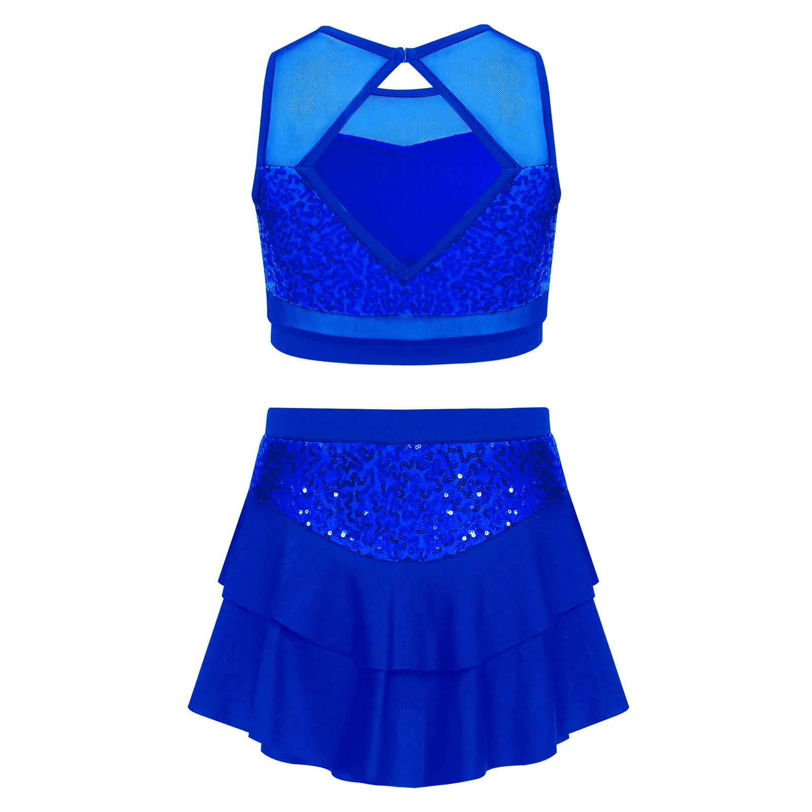 Kinder Mädchen Glänzende Pailletten Cheerleading-Uniform Cheerleader Ballett Jazz Tanz Performance-Kostüm Crop-Top mit Stufenrock für – Detail 16