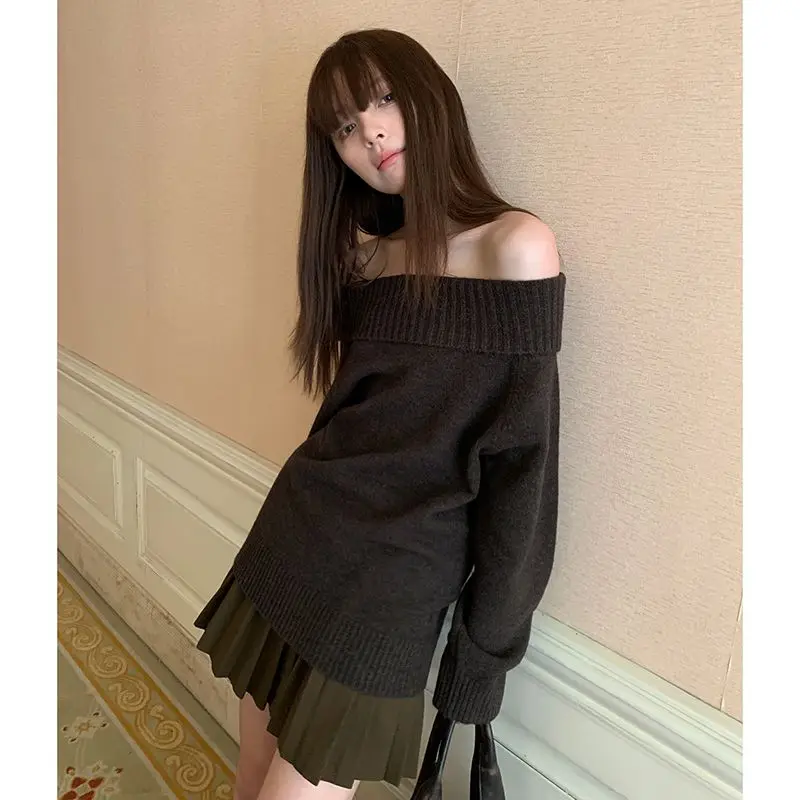 

Vintage Japanese Style Sweater Women Solid Sexy Off Shoulder Knitwear Y2k Long Sleeve Jumper Slash Neck Causal Harajuku