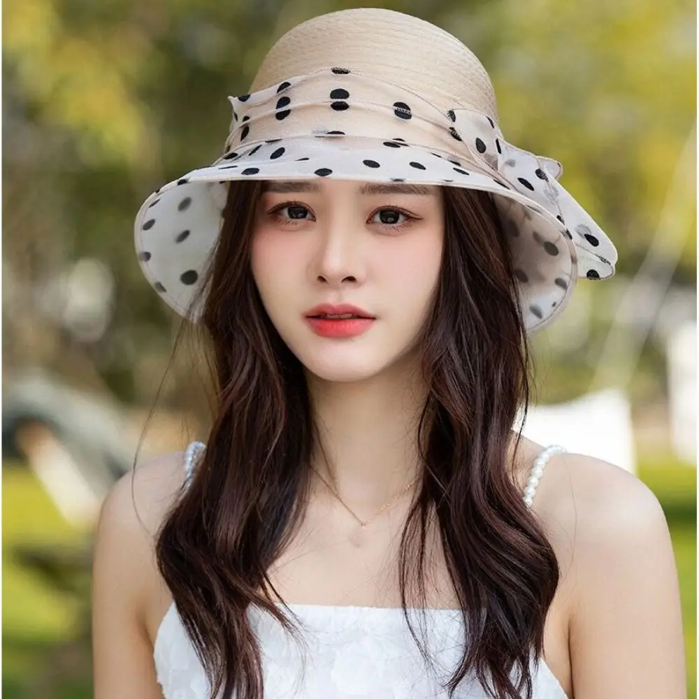 Sommerlicher Polka-Dot Sonnenhut Einfarbiger Sonnenschutz-Bucket-Hat Atmungsaktiver Organza-Bowler-Hut – Detail 8