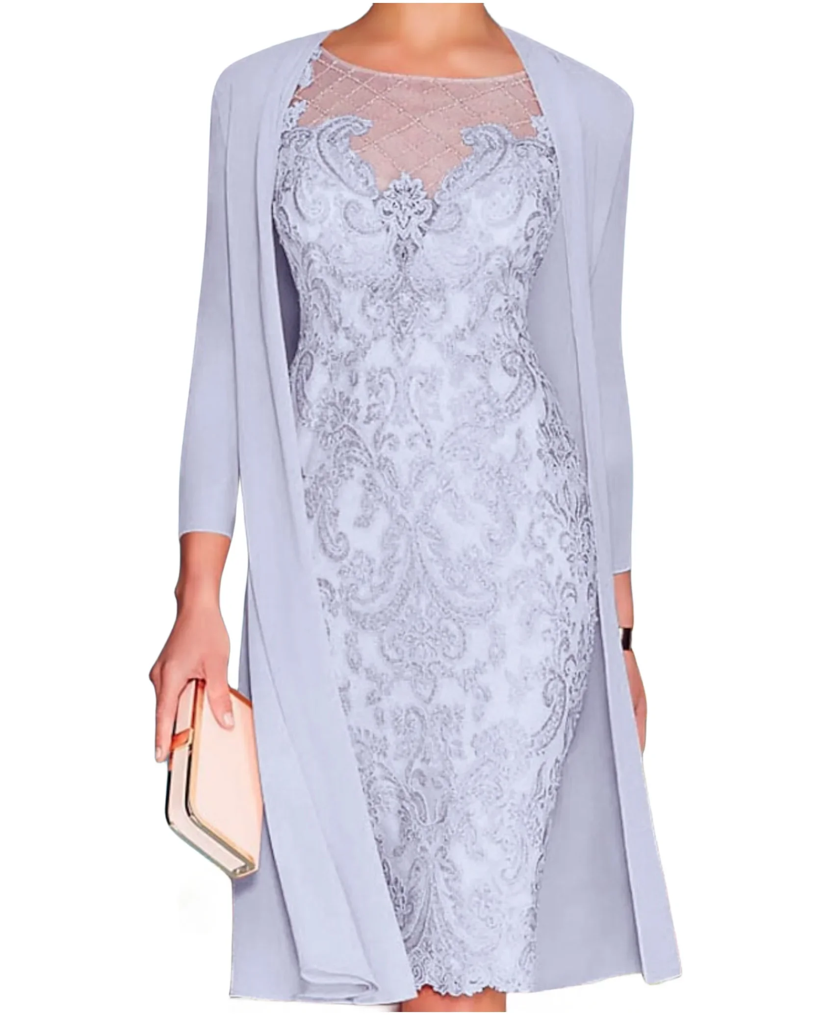 Mother of the Bride Dress Formal Wedding Jewel Neck Knee Length Chiffon Lace 3/4 Length Sleeve Beading Appliques