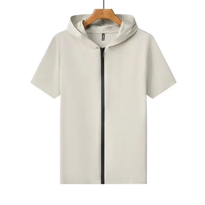 2024 Summer New Trendy Simple Casual Loose Breathable Fashion Solid Color Zipper Short Sleeve Hooded Cardigan Coat for Men